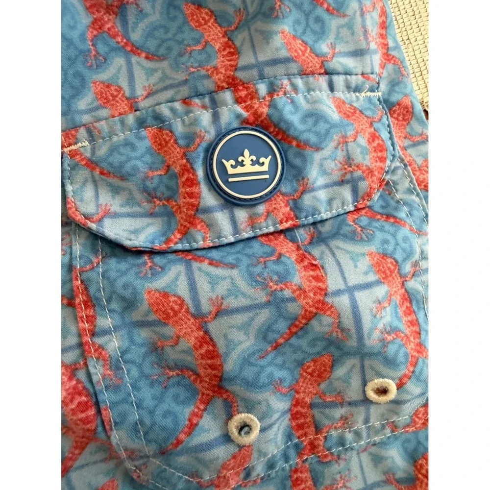 Peter Millar Boys Blue Orange Gecko Lizard Print Swim Trunks Size M 8-10